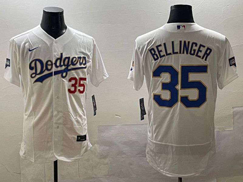 Men Los Angeles Dodgers 35 Bellinger White Gold Elite 2025 Nike MLB Jersey style 5